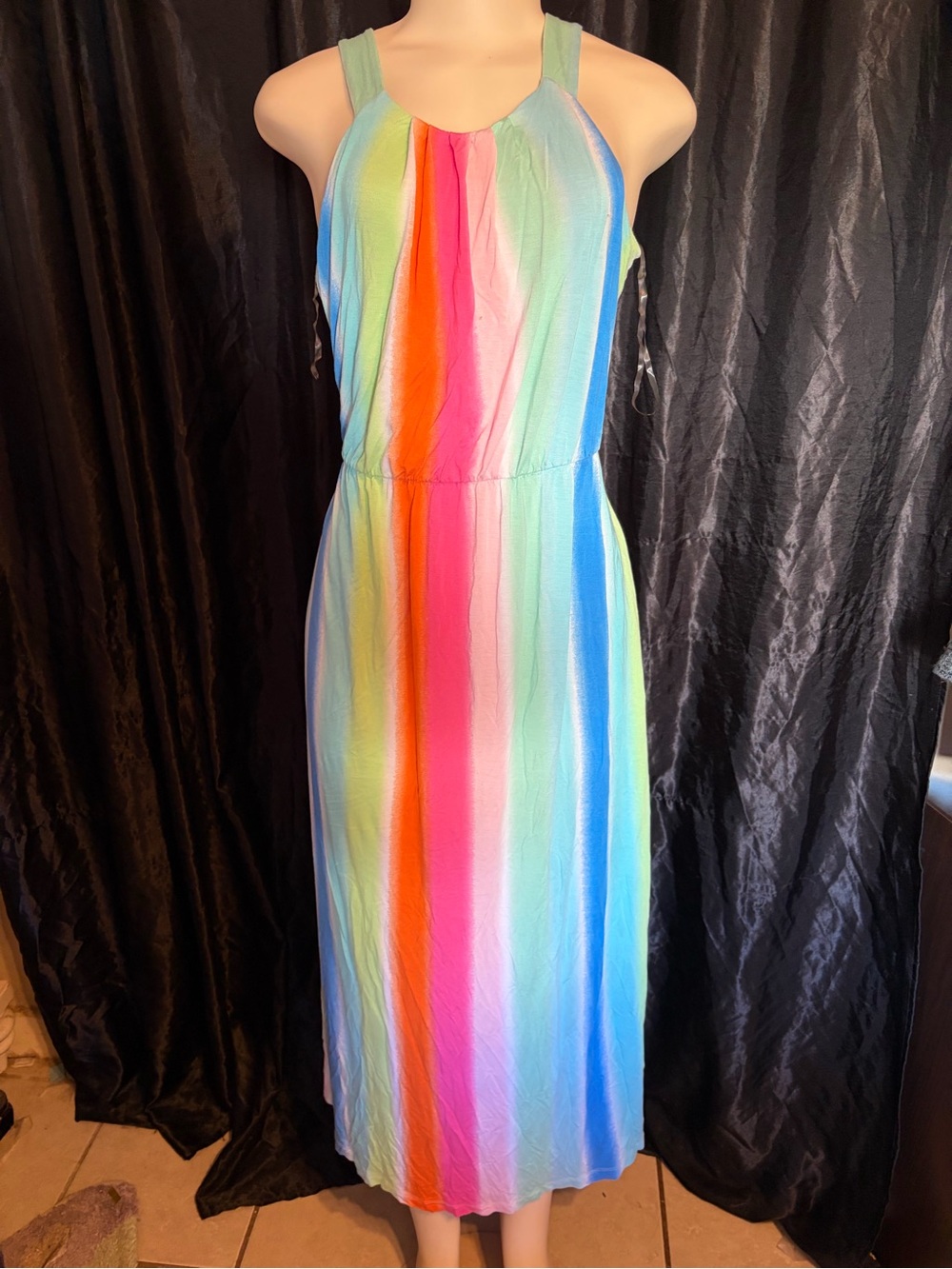 Sleeveless Rainbow Stripe Maxi Dress in Multicolor
